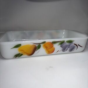 Vintage Anchor Hocking FIRE KING 1.5 QT Pearl White Milk Glass Pan Hand Painted